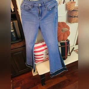 Women's Multi/Blue Flared Jeans, Distressed Hem Size 6